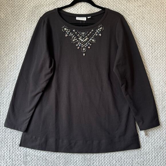 Susan Graver Top Women M Black Gray Embellished Boat Neck Long Sleeves NEW - Picture 1 of 10